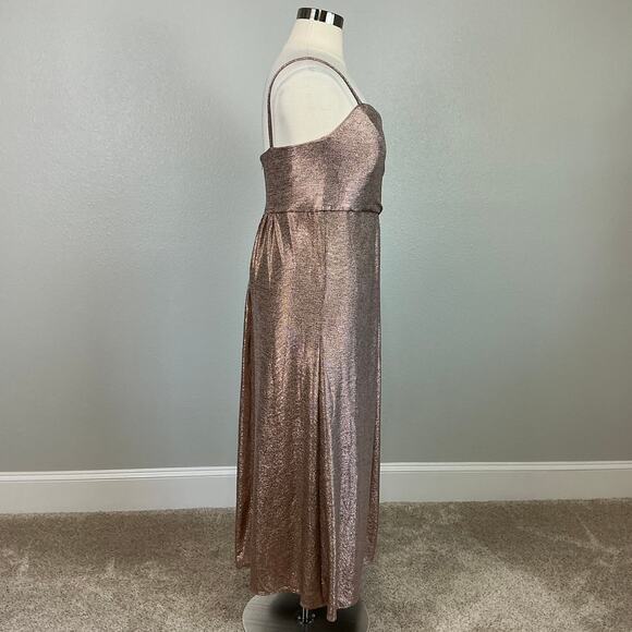 Metallic Sleeveless Evening Gown Rose Gold Size 14W Nightway Thigh Slit Dress - Picture 3 of 12